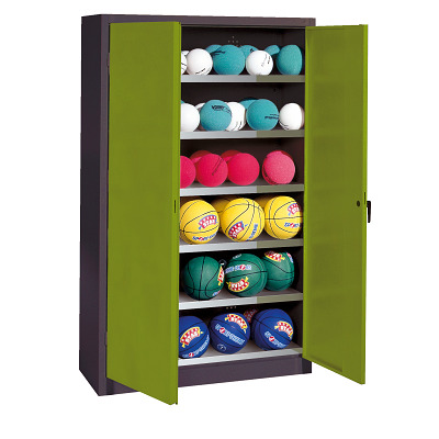 C+P Ballenkast met geperforeerde plaatstaal vleugeldeuren (Type 3), HxBxD 195x120x50 cm, Clowngroen (RAL 110 80 60), Uniforme vergrendeling