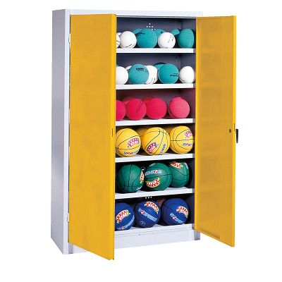 C+P Ballenkast met geperforeerde plaatstaal vleugeldeuren (Type 3), HxBxD 195x120x50 cm, Verkeersgeel (RAL 1023), Uniforme vergrendeling