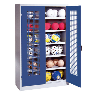 C+P Ballenkast met geperforeerde plaatstaal vleugeldeuren (Type 3), HxBxD 195x120x50 cm, Gentiaanblauw (RAL 5010), Uniforme vergrendeling