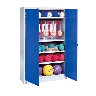 C+P Kast voor sportuitrusting met geperforeerde plaatstaal vleugeldeuren (Type 2), HxBxD195x120x50 cm, Gentiaanblauw (RAL 5010), Uniforme vergrendeling