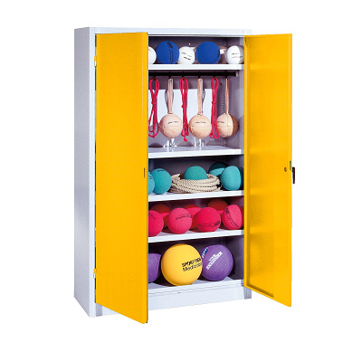 C+P Kast voor sportuitrusting met geperforeerde plaatstaal vleugeldeuren (Type 2), HxBxD195x120x50 cm, Verkeersgeel (RAL 1023), Uniforme vergrendeling