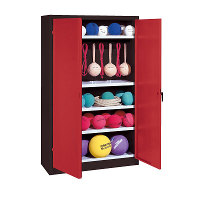 C+P Kast voor sportuitrusting met geperforeerde plaatstaal vleugeldeuren (Type 2), HxBxD195x120x50 cm, Robijnrood (RAL 3003), Uniforme vergrendeling
