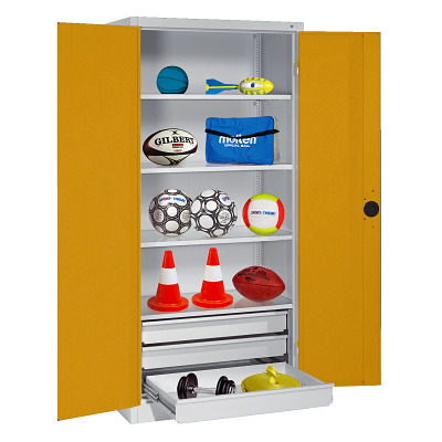 C+P Kast voor sportuitrusting met schuifladen en vleugeldeuren van massief plaatstaal (Type 4), HxBxD 195x120x50 cm, Goudgeel (RAL 1004), Uniforme vergrendeling