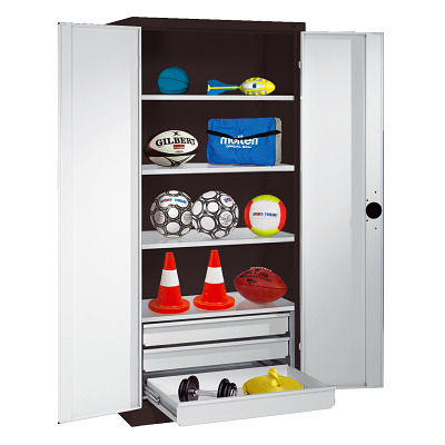 C+P Kast voor sportuitrusting met schuifladen en vleugeldeuren van massief plaatstaal (Type 4), HxBxD 195x120x50 cm, Handvat, Uniforme vergrendeling