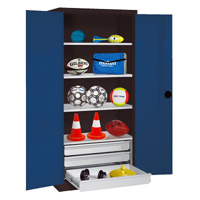 C+P Kast voor sportuitrusting met schuifladen en vleugeldeuren van massief plaatstaal (Type 4), HxBxD 195x120x50 cm, Handvat, Uniforme vergrendeling