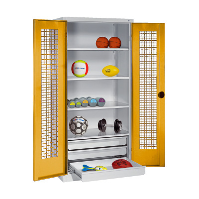 C+P Kast voor sportuitrusting met schuifladen en vleugeldeuren van geperforeerde plaat (Type 4), HxBxD 195x120x50 cm, Goudgeel (RAL 1004), Uniforme vergrendeling