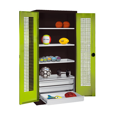 C+P Kast voor sportuitrusting met schuifladen en vleugeldeuren van geperforeerde plaat (Type 4), HxBxD 195x120x50 cm, Clowngroen (RAL 110 80 60), Uniforme vergrendeling