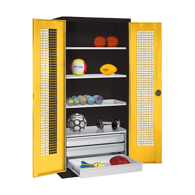 C+P Kast voor sportuitrusting met schuifladen en vleugeldeuren van geperforeerde plaat (Type 4), HxBxD 195x120x50 cm, Verkeersgeel (RAL 1023), Uniforme vergrendeling