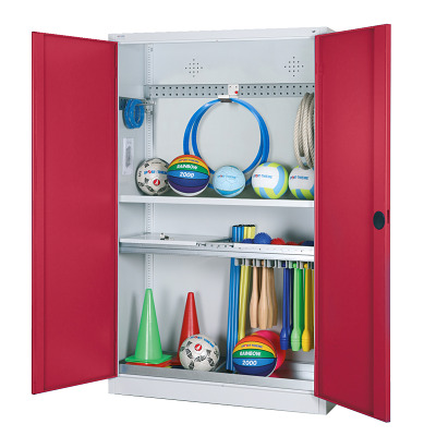 C+P Modulaire kast voor sportuitrusting "Complete uitrusting" met massief plaatstalen draaideuren, HxBxD 195x120x50 cm, Robijnrood (RAL 3003), Uniforme vergrendeling