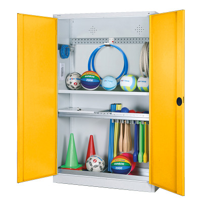 C+P Modulaire kast voor sportuitrusting "Complete uitrusting" met massief plaatstalen draaideuren, HxBxD 195x120x50 cm, Verkeersgeel (RAL 1023), Uniforme vergrendeling