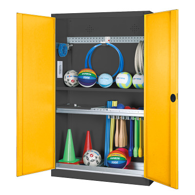 C+P Modulaire kast voor sportuitrusting "Complete uitrusting" met massief plaatstalen draaideuren, HxBxD 195x120x50 cm, Verkeersgeel (RAL 1023), Uniforme vergrendeling