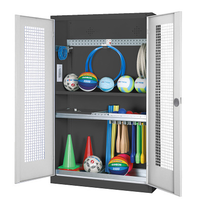 C+P Modulaire kast voor sportuitrusting "Complete uitrusting" met geperforeerde metalen klapdeuren, HxBxD 195x120x50 cm, Handvat, Uniforme vergrendeling