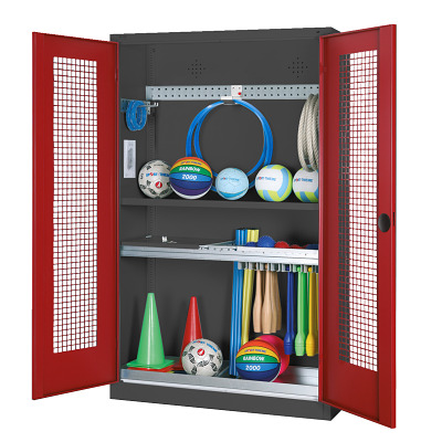 C+P Modulaire kast voor sportuitrusting "Complete uitrusting" met geperforeerde metalen klapdeuren, HxBxD 195x120x50 cm, Robijnrood (RAL 3003), Uniforme vergrendeling