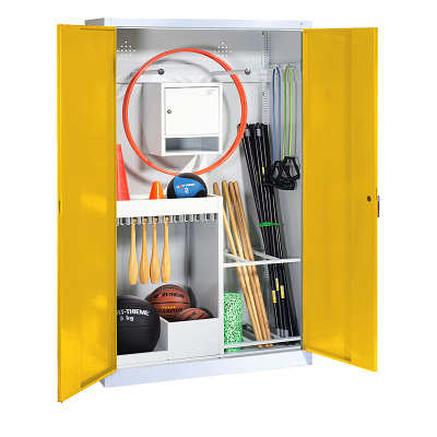 C+P Kast voor sportuitrusting met massief plaatstalen-vleugeldeuren (Type 1), HxBxD 195x120x50 cm, Verkeersgeel (RAL 1023), Uniforme vergrendeling