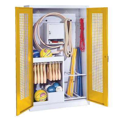 C+P Kast voor sportuitrusting met geperforeerde plaatstaal vleugeldeuren (Type 1), HxBxD195x120x50 cm, Verkeersgeel (RAL 1023), Uniforme vergrendeling