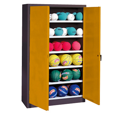 C+P Ballenkast met geperforeerde plaatstaal vleugeldeuren (Type 3), HxBxD 195x120x50 cm, Goudgeel (RAL 1004), Uniforme vergrendeling
