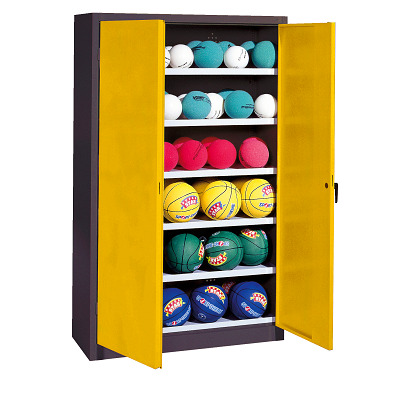 C+P Ballenkast met geperforeerde plaatstaal vleugeldeuren (Type 3), HxBxD 195x120x50 cm, Verkeersgeel (RAL 1023), Uniforme vergrendeling
