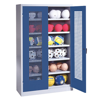 C+P Ballenkast met geperforeerde plaatstaal vleugeldeuren (Type 3), HxBxD 195x120x50 cm, Gentiaanblauw (RAL 5010), Uniforme vergrendeling