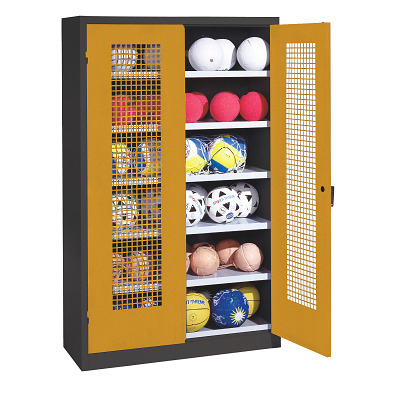 C+P Ballenkast met geperforeerde plaatstaal vleugeldeuren (Type 3), HxBxD 195x120x50 cm, Goudgeel (RAL 1004), Uniforme vergrendeling