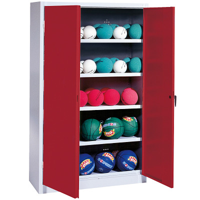 C+P Ballenkast met geperforeerde plaatstaal vleugeldeuren (Type 3), HxBxD 195x150x50 cm, Robijnrood (RAL 3003), Uniforme vergrendeling