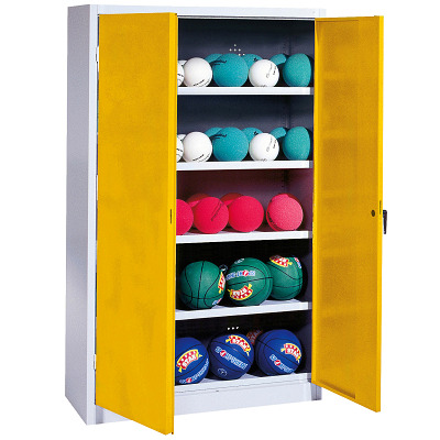 C+P Ballenkast met geperforeerde plaatstaal vleugeldeuren (Type 3), HxBxD 195x150x50 cm, Verkeersgeel (RAL 1023), Uniforme vergrendeling