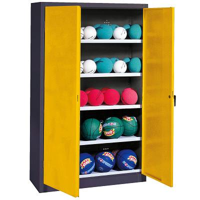 C+P Ballenkast met geperforeerde plaatstaal vleugeldeuren (Type 3), HxBxD 195x150x50 cm, Verkeersgeel (RAL 1023), Uniforme vergrendeling