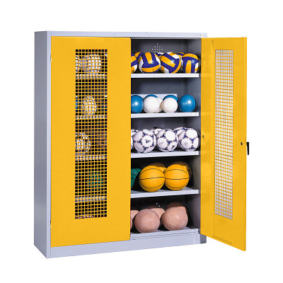 C+P Ballenkast met geperforeerde plaatstaal vleugeldeuren (Type 3), HxBxD 195x150x50 cm, Verkeersgeel (RAL 1023), Uniforme vergrendeling