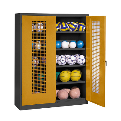 C+P Ballenkast met geperforeerde plaatstaal vleugeldeuren (Type 3), HxBxD 195x150x50 cm, Goudgeel (RAL 1004), Uniforme vergrendeling