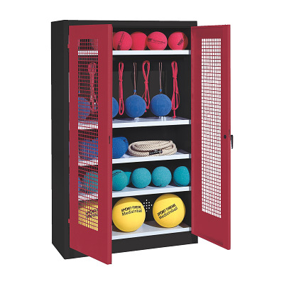 C+P Kast voor sportuitrusting met geperforeerde plaatstaal vleugeldeuren (Type 2), HxBxD195x120x50 cm, Robijnrood (RAL 3003), Uniforme vergrendeling