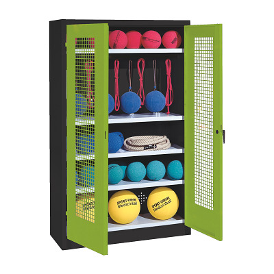 C+P Kast voor sportuitrusting met geperforeerde plaatstaal vleugeldeuren (Type 2), HxBxD195x120x50 cm, Clowngroen (RAL 110 80 60), Uniforme vergrendeling