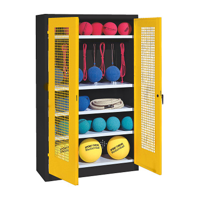 C+P Kast voor sportuitrusting met geperforeerde plaatstaal vleugeldeuren (Type 2), HxBxD195x120x50 cm, Verkeersgeel (RAL 1023), Uniforme vergrendeling