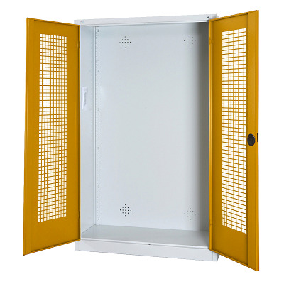 C+P Modulaire kast voor sportuitrusting met geperforeerde plaatstaal vleugeldeuren, HxBxD 195x120x50 cm, Goudgeel (RAL 1004), Uniforme vergrendeling