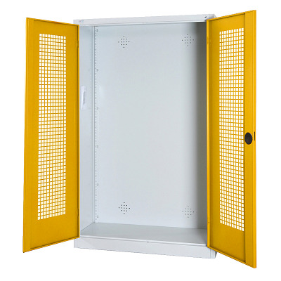 C+P Modulaire kast voor sportuitrusting met geperforeerde plaatstaal vleugeldeuren, HxBxD 195x120x50 cm, Verkeersgeel (RAL 1023), Uniforme vergrendeling
