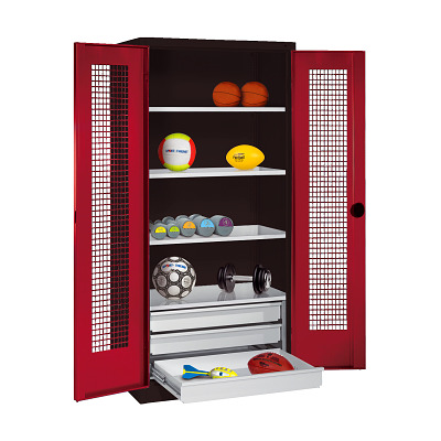 C+P Kast voor sportuitrusting met schuifladen en vleugeldeuren van geperforeerde plaat (Type 4), HxBxD 195x120x50 cm, Robijnrood (RAL 3003), Uniforme vergrendeling