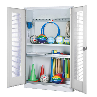 C+P Modulaire kast voor sportuitrusting "Complete uitrusting" met geperforeerde metalen klapdeuren, HxBxD 195x120x50 cm, Ergo-Lock handgreep, Uniforme vergrendeling