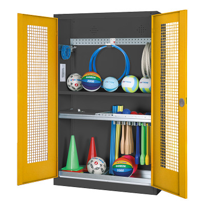 C+P Modulaire kast voor sportuitrusting "Complete uitrusting" met geperforeerde metalen klapdeuren, HxBxD 195x120x50 cm, Verkeersgeel (RAL 1023), Uniforme vergrendeling