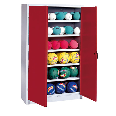 C+P Ballenkast met geperforeerde plaatstaal vleugeldeuren (Type 3), HxBxD 195x93x40 cm, Robijnrood (RAL 3003), Uniforme vergrendeling