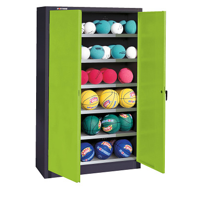 C+P Ballenkast met geperforeerde plaatstaal vleugeldeuren (Type 3), HxBxD 195x93x40 cm, Clowngroen (RAL 110 80 60), Uniforme vergrendeling