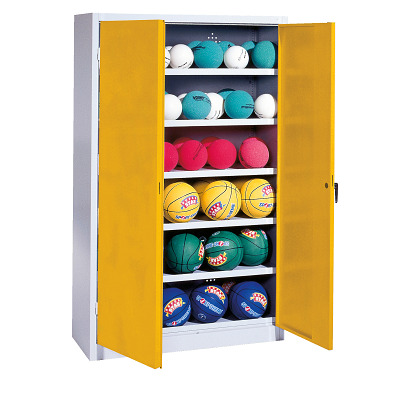 C+P Ballenkast met geperforeerde plaatstaal vleugeldeuren (Type 3), HxBxD  195x120x40 cm, Verkeersgeel (RAL 1023), Uniforme vergrendeling