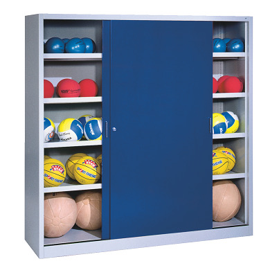 C+P Ballenkast met schuifdeuren van massief plaatstaal (Type 4), HxBxD 195x120x50 cm, Gentiaanblauw (RAL 5010), Uniforme vergrendeling