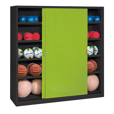 C+P Ballenkast met schuifdeuren van massief plaatstaal (Type 4), HxBxD 195x120x50 cm, Clowngroen (RAL 110 80 60), Uniforme vergrendeling