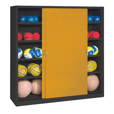 C+P Ballenkast met schuifdeuren van massief plaatstaal (Type 4), HxBxD 195x120x50 cm, Goudgeel (RAL 1004), Uniforme vergrendeling