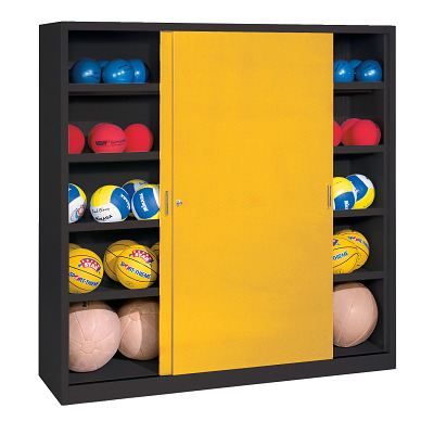 C+P Ballenkast met schuifdeuren van massief plaatstaal (Type 4), HxBxD 195x120x50 cm, Verkeersgeel (RAL 1023), Uniforme vergrendeling