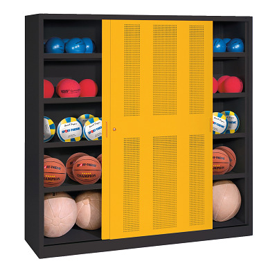 C+P Ballenkast met geperforeerde plaatstalen schuifdeuren (Type 4), HxBxD 195x120x50 cm, Verkeersgeel (RAL 1023), Uniforme vergrendeling
