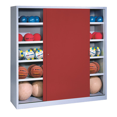 C+P Ballenkast met schuifdeuren van massief plaatstaal (Type 4), HxBxD 195x160x50 cm, Robijnrood (RAL 3003), Uniforme vergrendeling