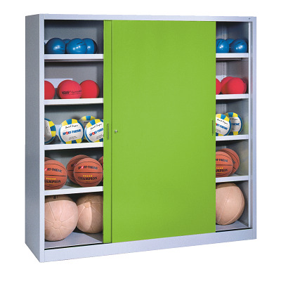 C+P Ballenkast met schuifdeuren van massief plaatstaal (Type 4), HxBxD 195x160x50 cm, Clowngroen (RAL 110 80 60), Uniforme vergrendeling