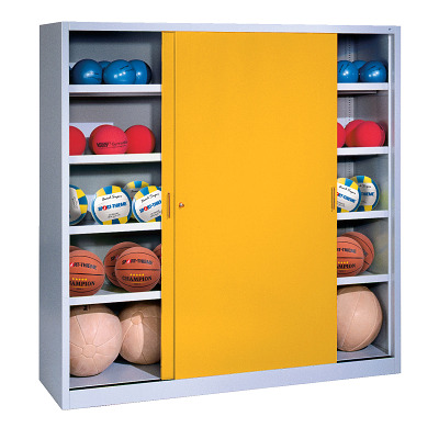 C+P Ballenkast met schuifdeuren van massief plaatstaal (Type 4), HxBxD 195x160x50 cm, Verkeersgeel (RAL 1023), Uniforme vergrendeling