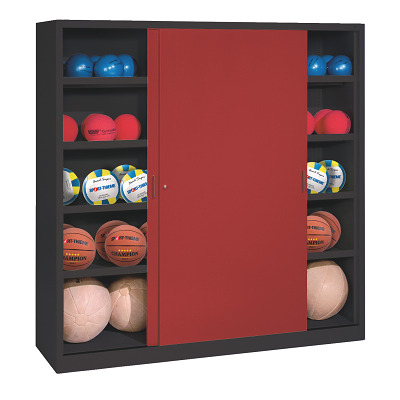 C+P Ballenkast met schuifdeuren van massief plaatstaal (Type 4), HxBxD 195x160x50 cm, Robijnrood (RAL 3003), Uniforme vergrendeling