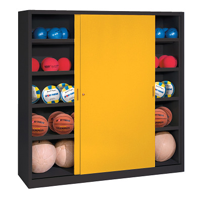 C+P Ballenkast met schuifdeuren van massief plaatstaal (Type 4), HxBxD 195x160x50 cm, Verkeersgeel (RAL 1023), Uniforme vergrendeling