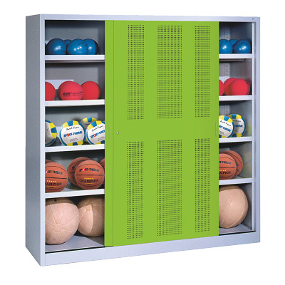 C+P Ballenkast met geperforeerde plaatstalen schuifdeuren (Type 4), HxBxD 195x160x50 cm, Clowngroen (RAL 110 80 60), Uniforme vergrendeling